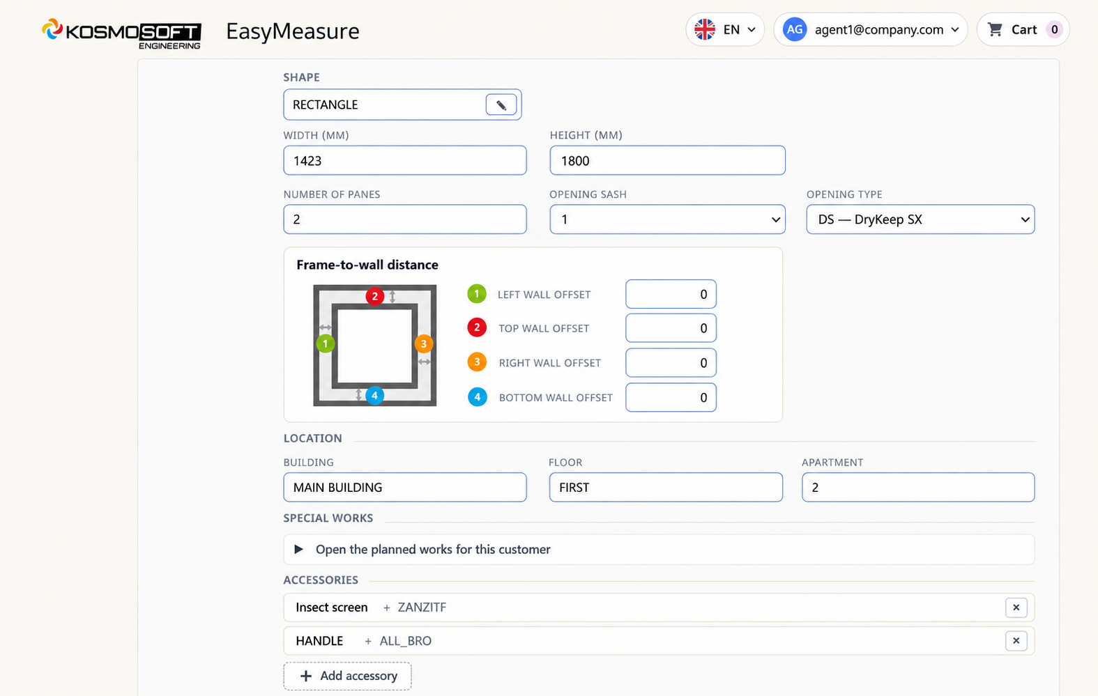 Installation data, location and accessories for the window or door