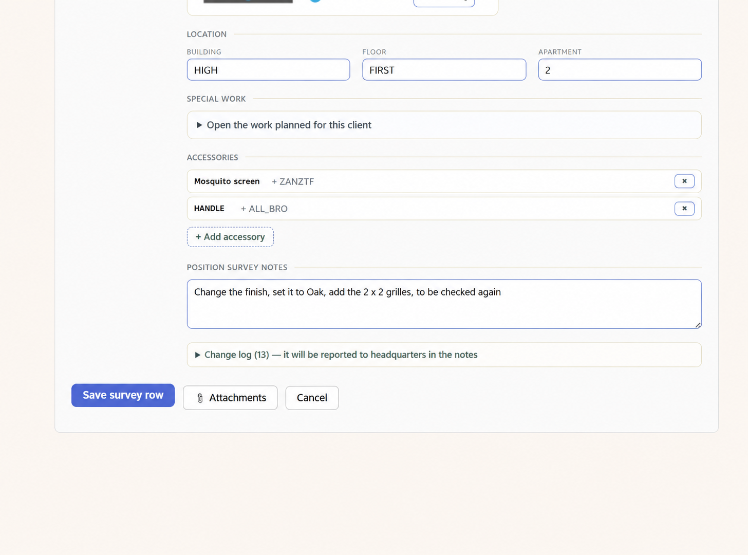 Notes, attachments and saving the survey item